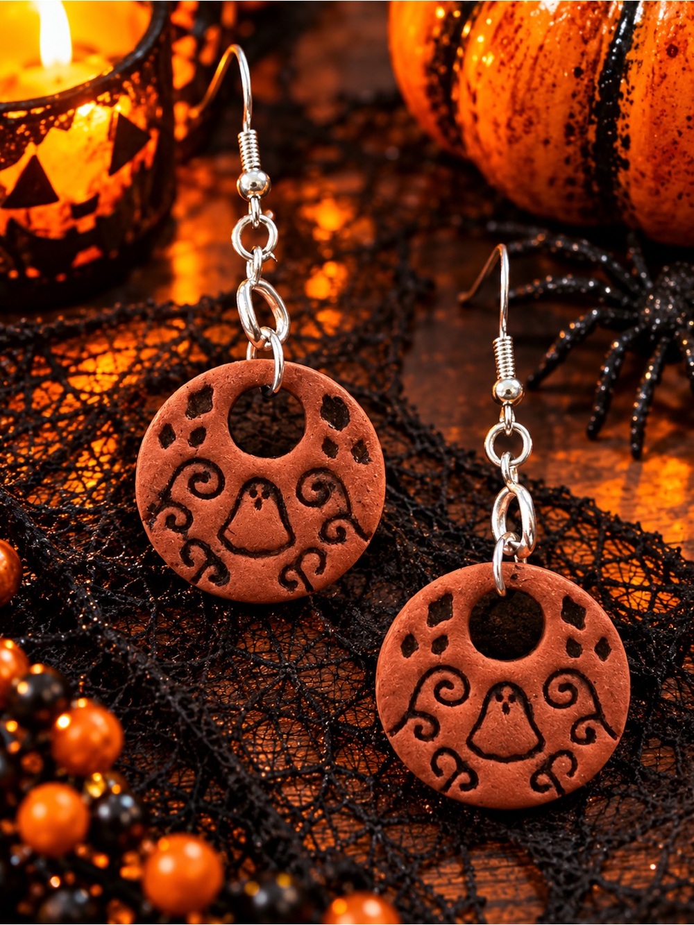 Handmade Polymer Clay Orange Halloween Ghost Circle Drop Earrings